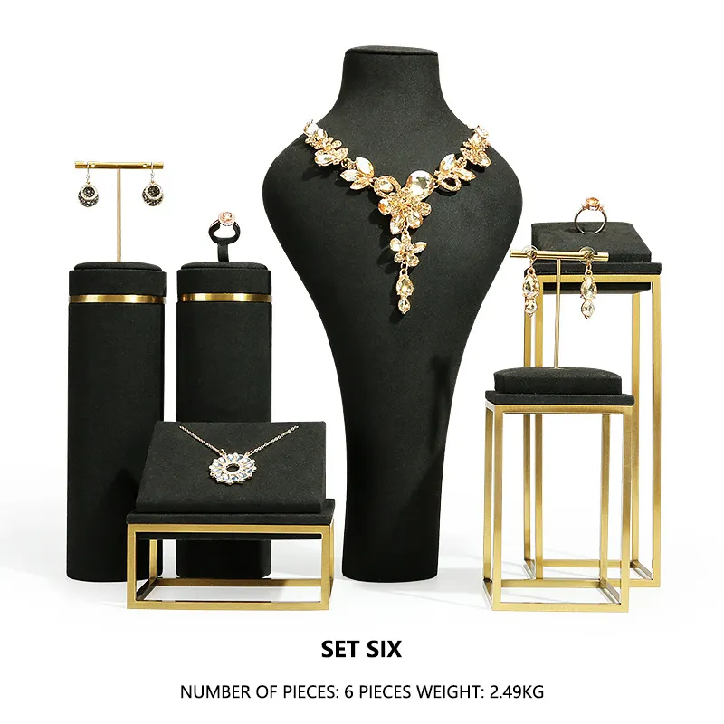 SKQ New fashion 2023 jewelry displays for store luxury jewelry display props Black Microfiber jewelry stand display set
