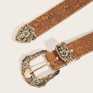 <span class=keywords><strong>Ceinture</strong></span> en cuir marron de style western pour <span class=keywords><strong>femme</strong></span> avec boucle ornée argentée et conchos, accessoire de mode vintage pour cowgirl - Product Image 3