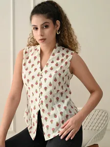 Chaleco de verano de Rosebloom Top sin mangas con botones estampado Handblock de moda en Algodón 100% con diseño limpio sin cuello - Product Image 2