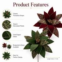 Décoration florale de Noël en gros : Poinsettia à paillettes et sequins avec bordure dorée