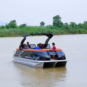เรือโป๊ะทุ่นไฟเบอร์กลาสเชื่อมติดกัน สำหรับกีฬา พักผ่อน ตกปลา ท่องเที่ยว ขับเคลื่อนด้วยเครื่องยนต์ รองรับผู้โดยสารได้ 10 คน - Product Image 1