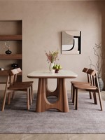 Table à manger en pierre frittée, table à manger rectangulaire, travertin, bois massif, couleur noyer, style vintage, table à manger en bois de frêne