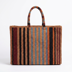 Sac fourre-tout bohème en crochet de raphia à rayures, grande capacité, sac à main décontracté pour femme, usage quotidien, deux poignées, ouverture supérieure - Product Image 1
