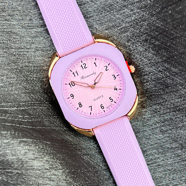 Square Case Candy-Colored Alloy Metal-Edge Quartz Watch with Silicone Band Unisex Kids Fashion Student Watch