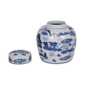 Vaso decorativo in ceramica con coperchio, design paesaggistico blu e bianco, per la casa, soggiorno, camera da letto, ufficio. - Product Image 3