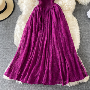Vintage violet/vert/rouge dentelle Robe mi-longue femmes doux col rond à volants Vestidos femme taille haute mince Robe printemps automne nouveau - Product Image 6