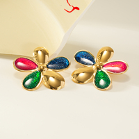 Boucles d'oreilles pendantes en acier inoxydable plaqué or 18 carats, style coréen, motif floral coloré scintillant, non décolorantes, douces et mignonnes