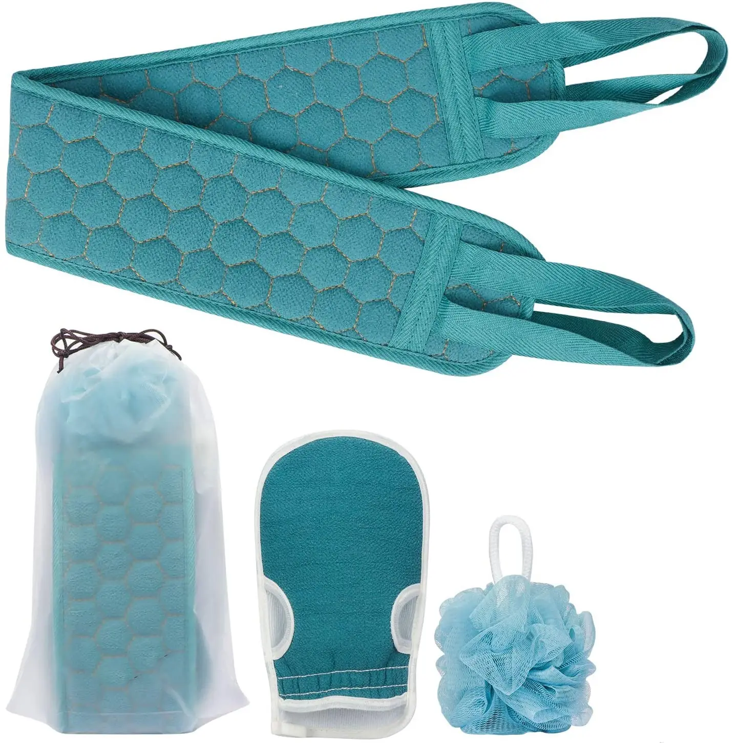 Exfoliating Back Scrubber for Shower,Bath Shower Scrubber Set 3 Pack with Loofah Sponge Bath Glove