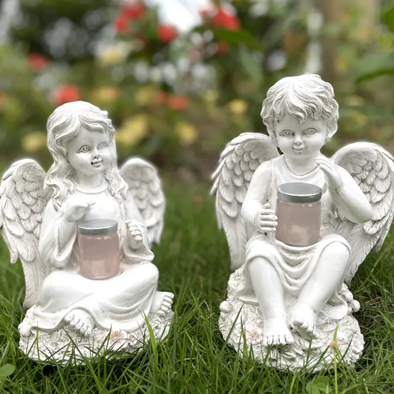 Adornos de Ángel de niña de jardín blanco, muebles de patio, Ángel Solar, estatua decorativa de resina artesanal
