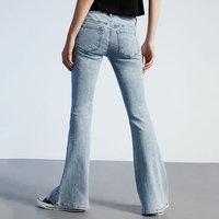 Celana Jeans Wanita Model Bell Bottom Desain Khusus dengan Hiasan Rhinestone Bergaris, Pinggang Rendah, Longgar, Warna Terang & Gelap, Gaya Manis
