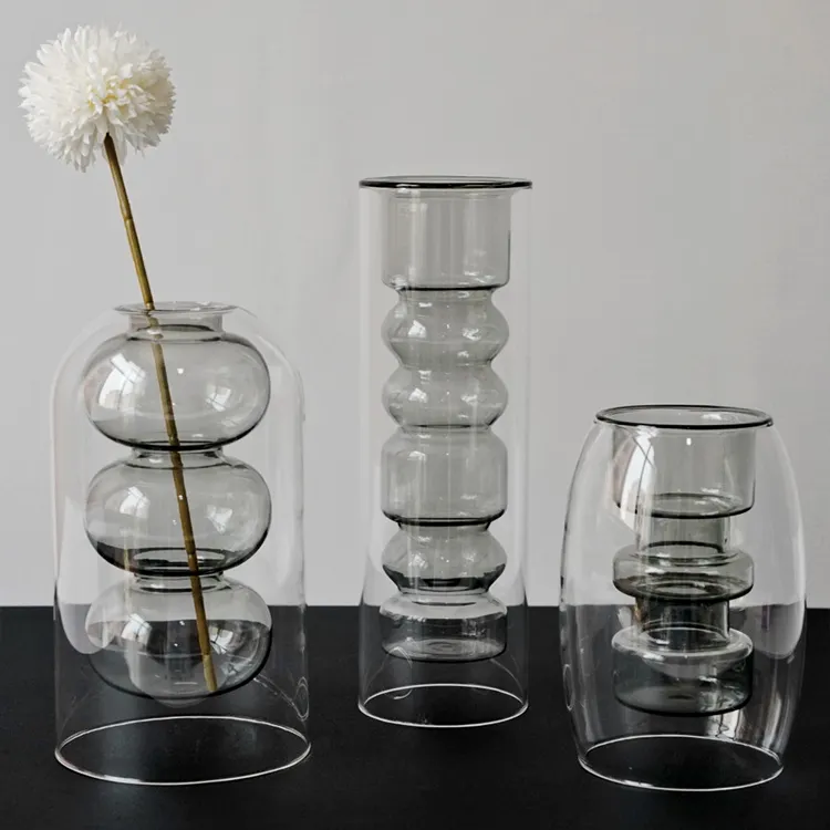 Nordic minimalist ins wind transparent glass vase double-layer stained glass flower arrangement living room decoration