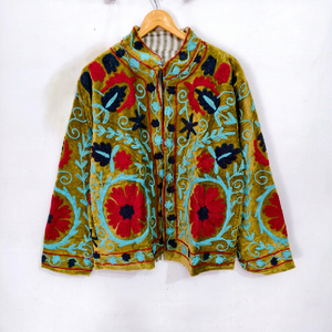 Chaqueta corta informal de terciopelo bordado Suzani para mujer, transpirable, artesanal, de algodón, con un diseño elegante. - Product Image 1
