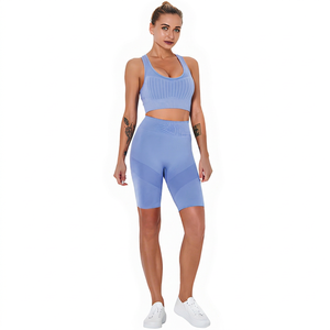 HQS Women's 2 Piece Yoga Set Solid <b>Blue</b> Ribbed Sports <b>Bra</b> High Waist Shorts Seamless Breathable Lightweight Four-Way Stretch - Product Image 1