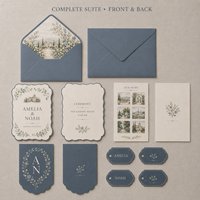 Suite d'invitations de mariage Manoir Européen, Kit de papeterie festonné personnalisé, Doublure d'enveloppe, Monogramme, Notre histoire, Étiquette cadeau, Cartes de mariage