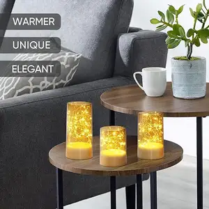 Juego de 3 velas de luz de hadas de cristal dorado con velas Led sin llama operadas por batería remota para boda, fiesta, decoración