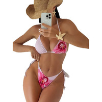 Xuanlang – Nouveauté Ensemble trois pièces de maillot de bain bikini pour femme, à lacets, imprimé léopard, à carreaux et fleurs, épaules dénudées, pour la plage