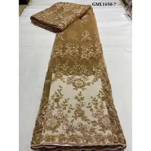 Вышитые золотые бусины, кружевные 3d цветы, французская вышивка, Тюлевая ткань с бусинами для нигерийских свадеб