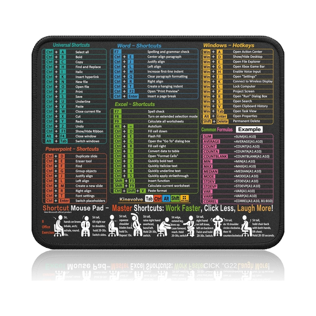Kinevolve Gaming Office Rubber Mouse Pad-Excel/Word/PowerPoint/Windows Shortcuts 11.8x9.8 Inches Waterproof Non-Slip Stock