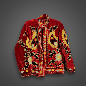 Red Velvet Mandarin Collar Jacket With Floral Embroidery Full Sleeve Winter Women's <b>Coat</b> Handmade Decorative Design B2B Supplier - Product Image 1