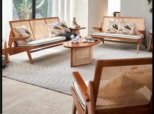 Ensemble de canapés sectionnels en rotin avec coussins moelleux inclinables, tressage en canne naturelle pour appartements, hôtels et espaces de vie - Product Image 4