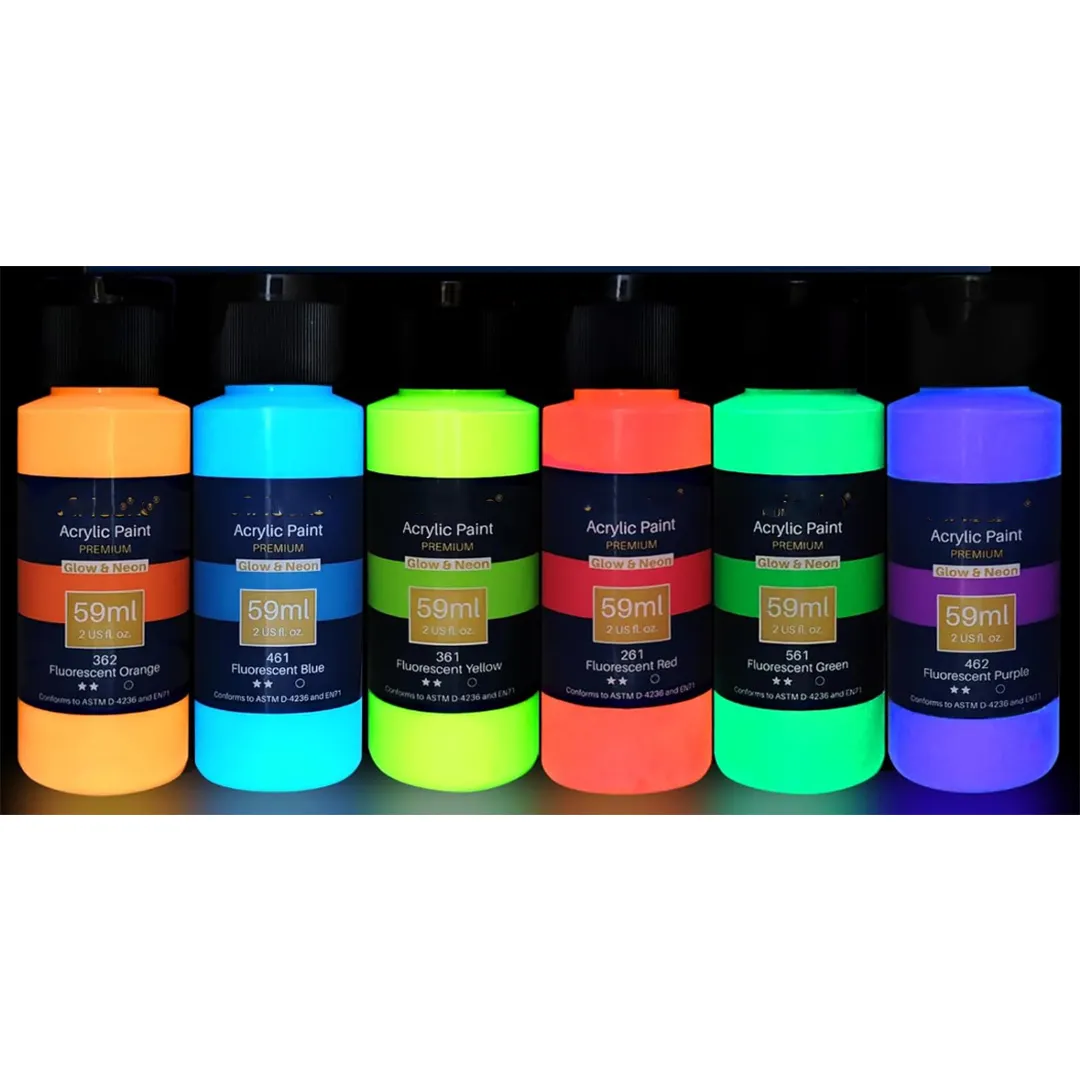 2 onças/59 ml para pintura artística decorar 6 cores neon e brilho no escuro 2 em 1 para tecido de madeira conjunto de pintura acrílica de pedra e couro