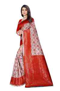 Traditional Indian Silk <b>Saree</b> <b>Red</b> And Beige With Floral Zari Work For Wedding And Festival Wear Women - Product Image 4