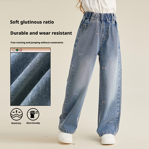 Jeans a Gamba Larga con Elastico in Vita e Ricamo a Fiocco per Ragazze - Pantaloni in Denim Casual e Comodi per Bambine - Product Image 2