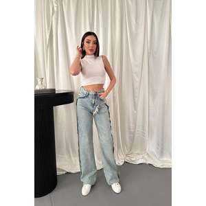 Jeans pour femmes à fente latérale effet délavé, produit en gros - Product Image 5