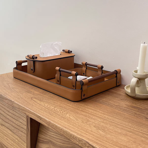Luxury Saddle Leather Catchall Tray Tissue Box Premium Desktop Organizer Valet Dish Elegant Home Decor Storage for Keys - Product Image 2