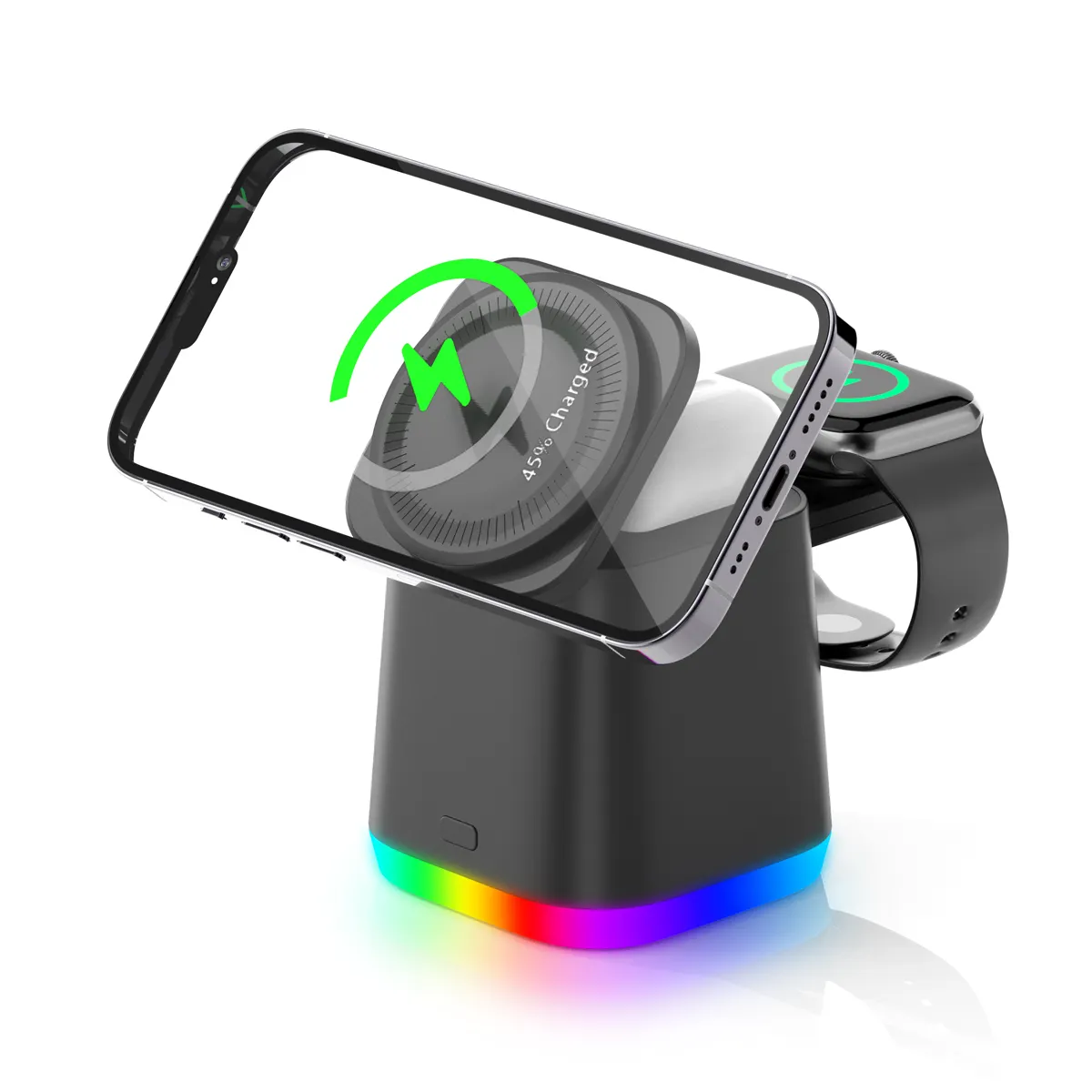 Bestseller 2023 RGB Atmosphärenlicht magnetisch 3 in 1 kabellose Ladestation für iPhone 15/14/13 Pro Max15/13 Pro