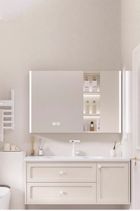 Nouvelle armoire de salle de bain style crème, lavabo intégré en céramique ardoise de luxe, meuble de rangement intelligent en bois massif - Product Image 6