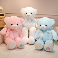 Ours en peluche géant de 80 cm avec écharpe rose, blanc et bleu, ours en peluche de grande taille