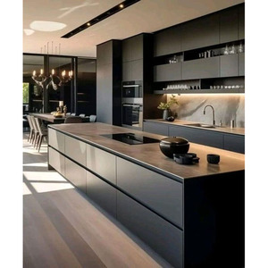 Porte de luxe de style shaker en bois massif de couleur gris foncé Design moderne Armoires d'îlot de cuisine personnalisées en forme de mur unique - Product Image 4