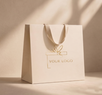 Sac en papier ivoire de luxe personnalisé avec logo doré, élégant sac cadeau avec large poignée en ruban, sac de shopping haut de gamme
