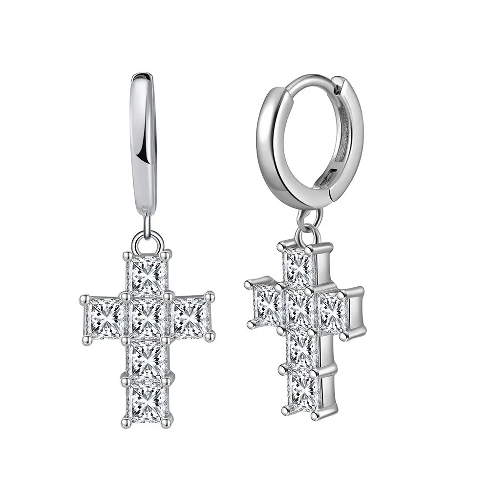 New Fashion Christian Jewelry 925 Sterling Silver Dangle Pendant Earring Luxury Women 2024 8A CZ Zircon Cross Hoop Earrings