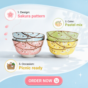 Set di Quattro Ciotole in Ceramica con Ramo Marrone Scuro e Fiori Bianchi, Smalto Maculato in Colori Pastello Blu, Rosa, Verde, <span class=keywords><strong>Giallo</strong></span> con Base Bianca - Product Image 2