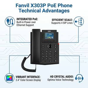 โทรศัพท์ธุรกิจ X303P รองรับ PoE หน้าจอสี 2.4 นิ้ว รองรับการประชุมแบบพื้นที่ 6 ทาง ใช้งานร่วมกับชุดหูฟัง EHS รองรับ VoIP SIP เสียง HD 4-SIP สำหรับตั้งโต๊ะ - Product Image 2