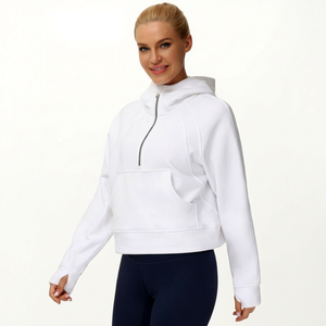 <b>Women</b> Hooded Sweatshirt Solid <b>White</b> Knitted Full Sleeve Zip-Up Breathable Winter Wear Pocket Design 100% Cotton - Product Image 1