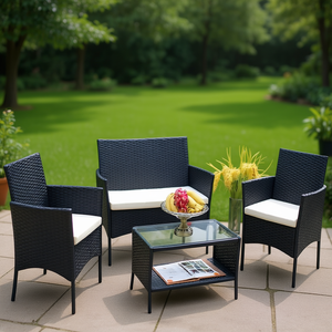 Juego de jardín de ratán de 4 piezas, sofá de mimbre para patio exterior, asiento acolchado, modelo D0100HP1SRY, negro y beige - Product Image 2