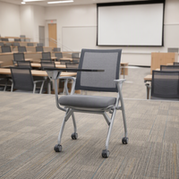 Chaise d'étude pliable en maille avec siège en tissu et cadre en acier, chaise de bureau avec accoudoir pour tablette pour salle de classe