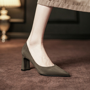 Escarpins en daim 7777C à bout pointu et talon carré, chaussures de bureau à talon haut pour femme, couleur unie, tendance mode - Product Image 4