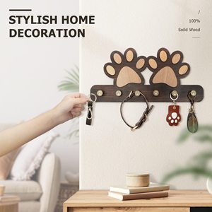Wooden Paw Print Wall Rack With <b>Hooks</b> For Dog Leash And Collar Storage Home Entryway Organizer - Product Image 2