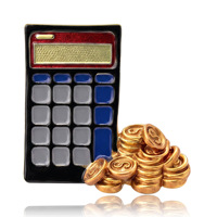 Broche calculatrice avec touches émaillées et empilement de pièces de monnaie dorées pour vestes et revers, 35x36mm, Blanc Noir
