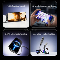 Cable Trenzado de Nailon PD de 240 W y 5 A con Soporte para Teléfono, Transferencia de Datos a 480 Mbps, Cargador Rápido para Portátil, Multiángulo, para iPhone, Jugadores de Videojuegos