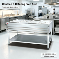 Bain-marie professionnel robuste en acier inoxydable OUTE 4 bacs, sur pied, avec armoire de rangement pour restaurant