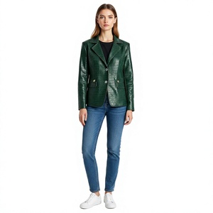 Blazer en similicuir vert à motif crocodile gaufré, simple boutonnage, col rabattu, manches longues, veste d'automne pour femme - Product Image 3