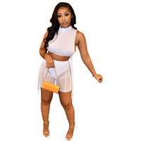 Set atasan dan celana pendek wanita berbahan mesh sheer tanpa lengan, model lace-up, dengan celana dalam aman.