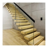 Kit d'escalier flottant en bois massif avec éclairage LED et garde-corps en verre trempé