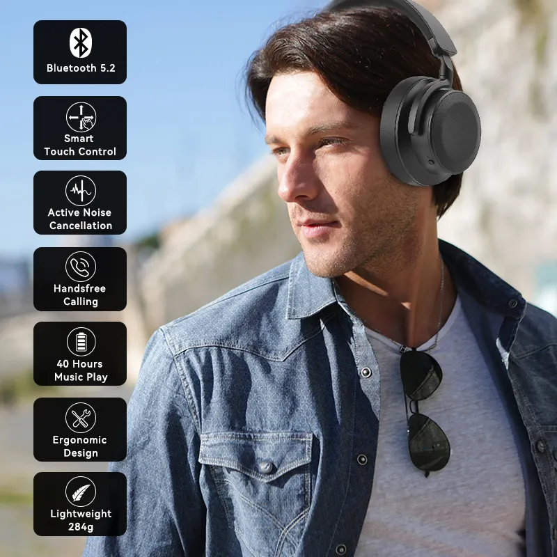 OEM Touch Control ANC Earphones Professional Active Noise Canceling Bluetooth Headphones Sleep Headset with Microphone