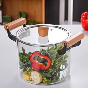 Batterie de cuisine <span class=keywords><strong>en</strong></span> verre borosilicate transparent résistant à la chaleur avec poignée <span class=keywords><strong>en</strong></span> bois – Casserole et <span class=keywords><strong>faitout</strong></span> – Offre spéciale - Product Image 2